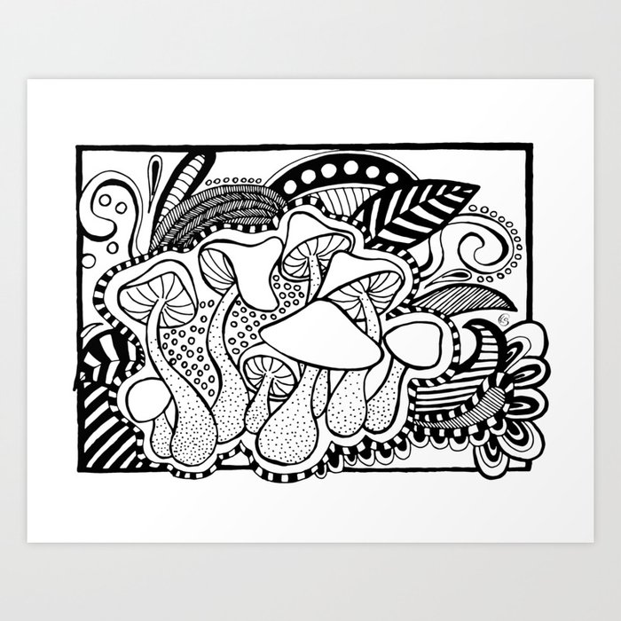 Mushrooms Outline Black And White Drawing Art Print By Kingaszumilas Society6