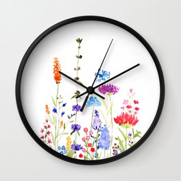 colorful wild flowers watercolor painting Wall Clock