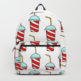 Takeaway soft drinks background with seamless pattern of red and white striped paper cups Backpack