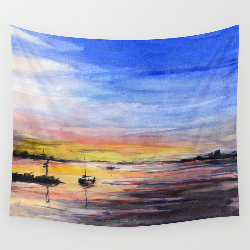 Beautiful Sunset Watercolor Painting Wall Tapestry By Olechka