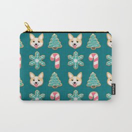 Holiday Cookies - Corgi, Christmas Tree, Snowflake and Candy Cane, Sweet and Cute Festive Pattern in Teal Green, Pink and Beige Carry-All Pouch