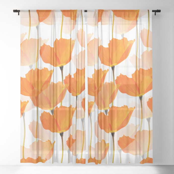 Orange Poppies On A White Background Decor Society6 Art Sheer Curtain By Päivi Vikström Orange Poppies On A White Background, Orange Sheer Curtains