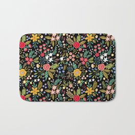 Amazing floral pattern with bright colorful flowers, plants, branches and berries on a black backgro Bath Mat