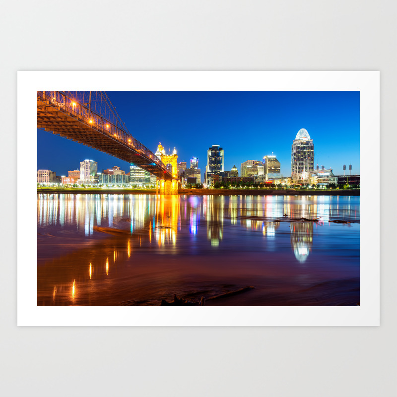 Ohio River Reflections Of The Downtown Cincinnati Skyline Art Print By Gregoryballosfineart Society6