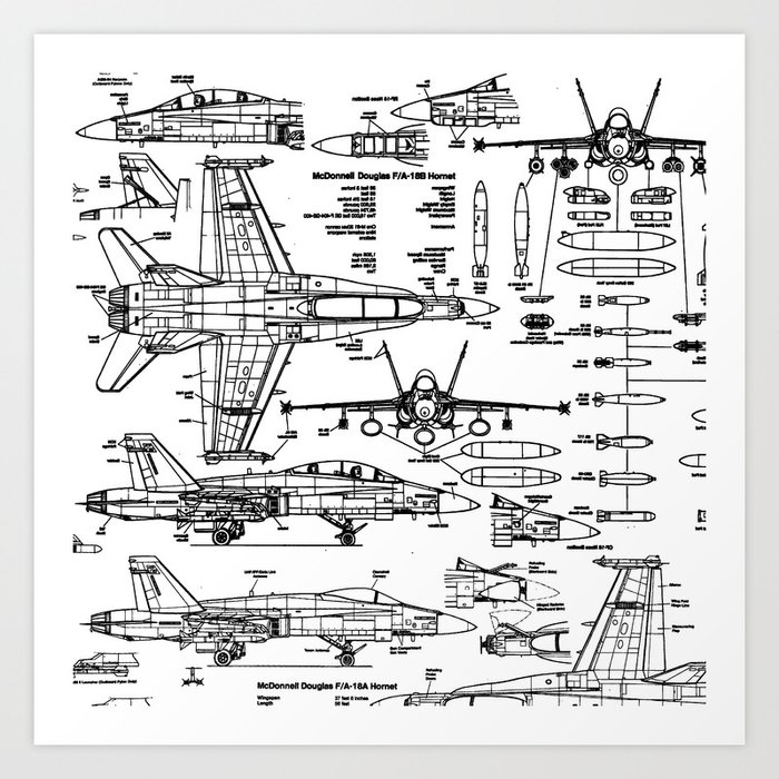 F 18 Blueprints Art Print By Thinlinetextiles Society6