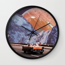 Roadtrip Wall Clock | Mountain, Retro, Poster, Night, Road, Nature, Car, Vintage, Landscape, Collage 