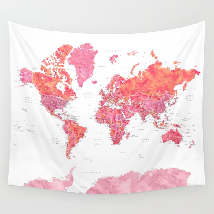 Hot pink watercolor world map with cities Wall Tapestry by ...