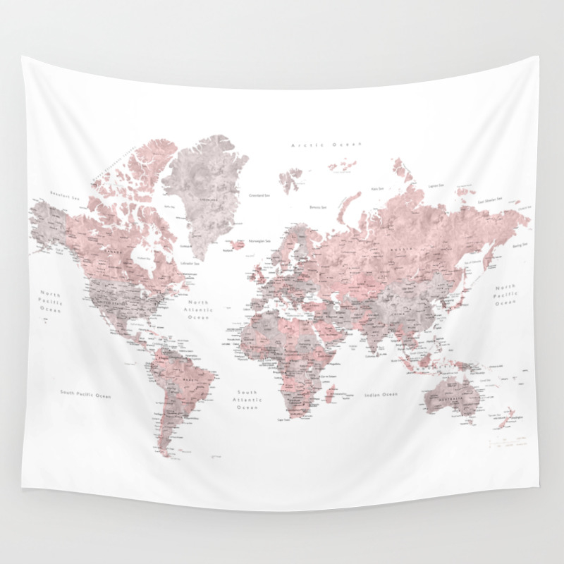 Dusty pink and grey detailed watercolor world map Wall Tapestry by  blursbyaishop