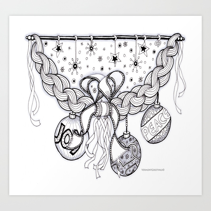 Christmas Zentangle Swag In Black And White For Adult Colorists Art Print By Vermontgreetings Society6