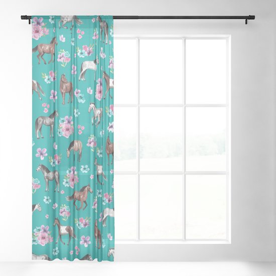 Horse Pattern Floral Print Turquoise Little Girls Room Horses