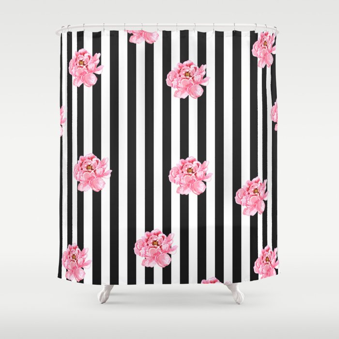 Hand Painted Pink Watercolor Black White Stripes Floral Shower