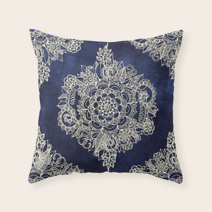 Cream Floral Moroccan Pattern on Deep Indigo Ink Throw Pillow by
