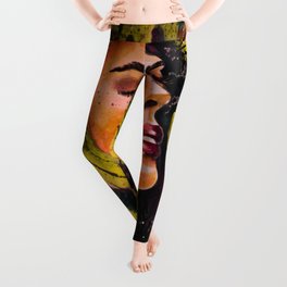Watercolor Amazing Woman With Closed Eyes In Heavy Foliage Leggings