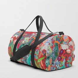 Red floral Jungle Garden Botanical featuring Proteas, Reeds, Eucalyptus, Ferns and Birds of Paradise Duffle Bag