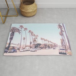 California Sidewalks // Blue Ocean Skyline Roadside Palm Trees Tropical Hollywood Paradise Rug