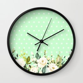 Ivory Roses Green Polka Dots Wall Clock