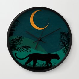 Jungle Cat in the Night Wall Clock | Jungle, Bigcat, Nature, Palm, Night, Moon, Junglecat, Digital, Nighttime, Panther 
