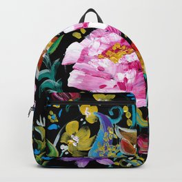 Colorful floral abstraction #1 acrylic painting flowers on a black background Backpack | Purple, Abstraction, Colorful, Pink, Design, Floral, Vintage, Acrylic, Painting, Blue 