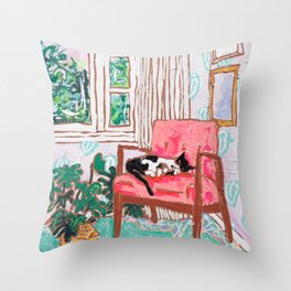Little Naps - Tuxedo Cat Napping in a Pink Mid-Century Chair by the Window Deko-Kissen | Curated, Interior, Jungle, Midcentury, Matisse, Painting, Plant, Pink, Tuxedo, Fiddleleaffig 