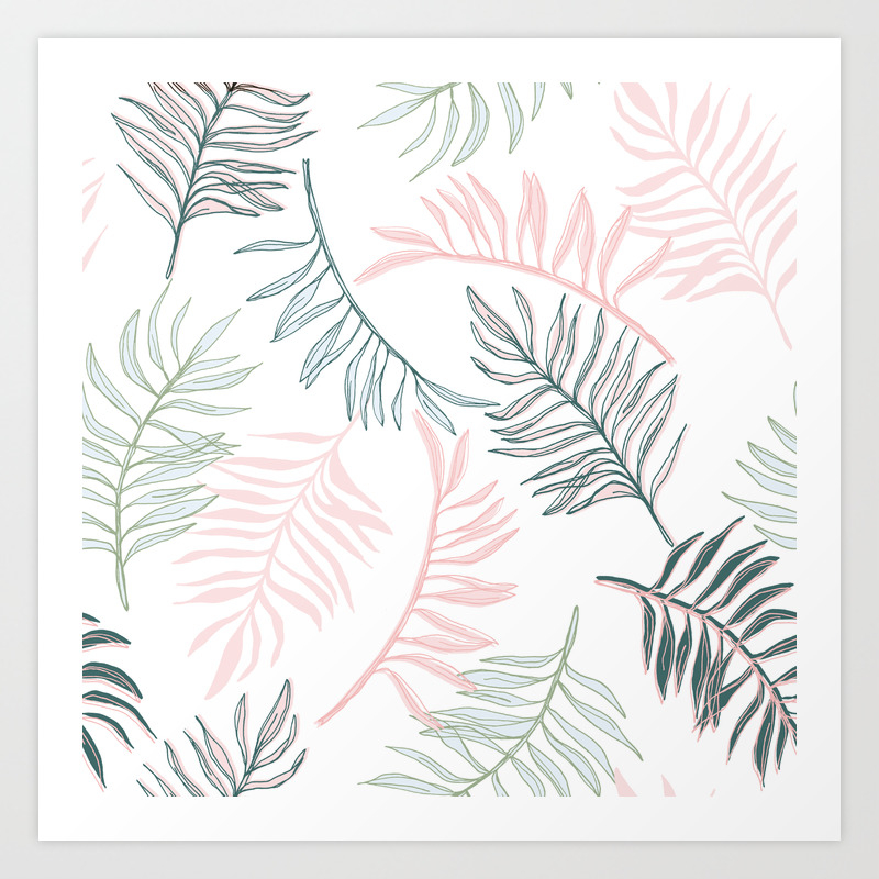 Large Pastel Palm Leaf Line Drawing Pattern White Art Print By Meganheloise Society6