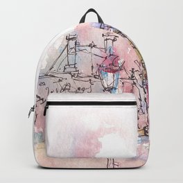 Landmark of Paris with watercolor in a rainy day - old museum view with Eiffel Tower behind. Watercolor chic. Parisian panorama. Parisian watercolor panorama. Chic landscape Backpack