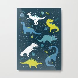 Space Dinosaurs in Bright Green and Blue Metal Print