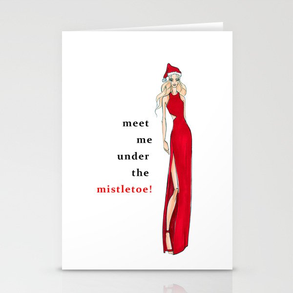 Christmas Holiday Card Fashion Illustration Sexy Mrs Claus Meet Me Under The Mistletoe Stationery Cards By Lindsaylorente Society6