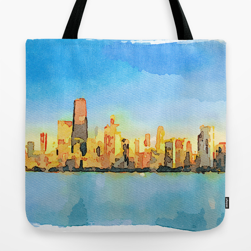 Watercolor Painting Chicago Skyline At Sunset Viewed From North