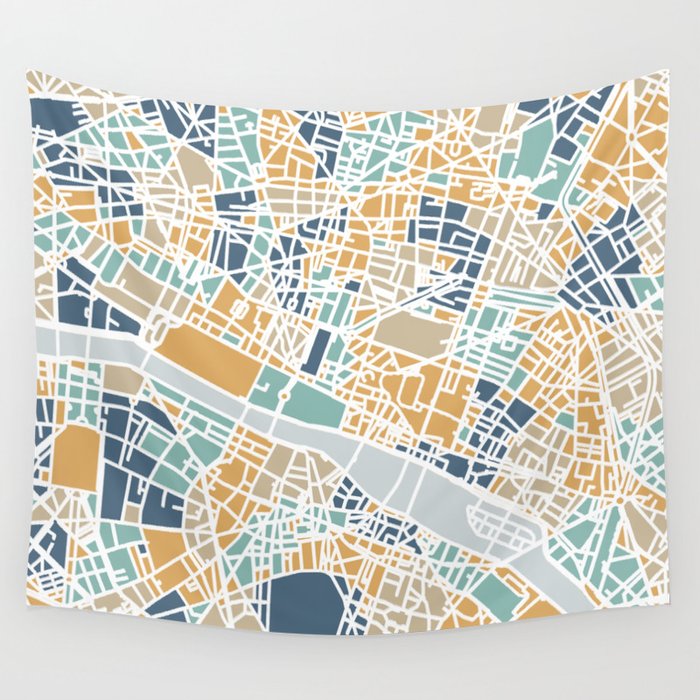 Paris map Wandbehang | Graphic-design, Karte, Paris, France, French, City, Gold, Navy, Colorful, Blau