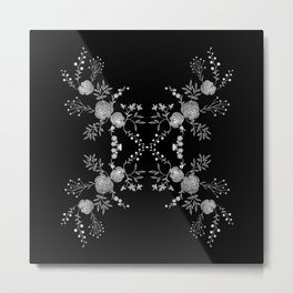 Elegant black and white embroidery mirroed floral pattern in small branches. Metal Print