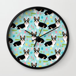 Tri colored corgi easter spring easter eggs dog breed dog art dog patterns by pet friendly Wall Clock