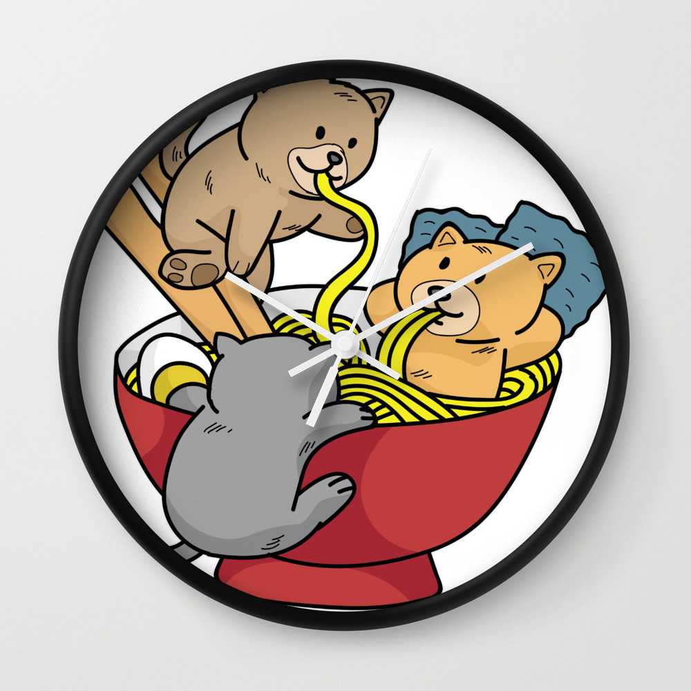 Cat Ramen Noodles Chop Stick Kittens Present Wall Clock By