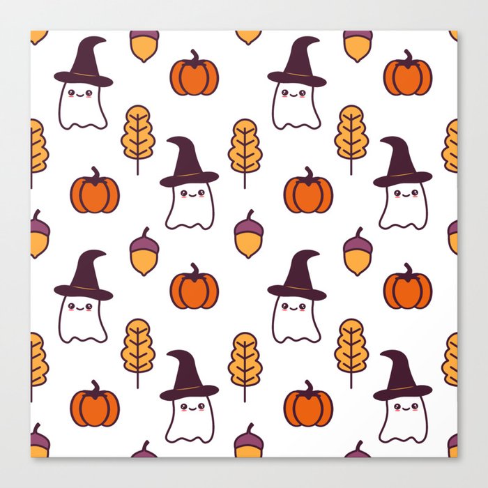 Cute Cartoon Halloween Pattern Background With Ghosts Pumpkins Leaves And Acorns Canvas Print By Alicevacca Society6