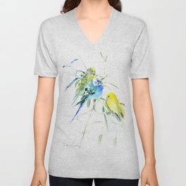 Parakeets green yellow blue bird decor V Neck T Shirt