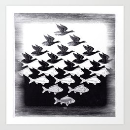 "Sky and Water I" by M.C. Escher Art Print | Nature, Ocean, Blackandwhite, Fish, Vintage, Sea, Woodcut, Waves, Graphicdesign, Birds 