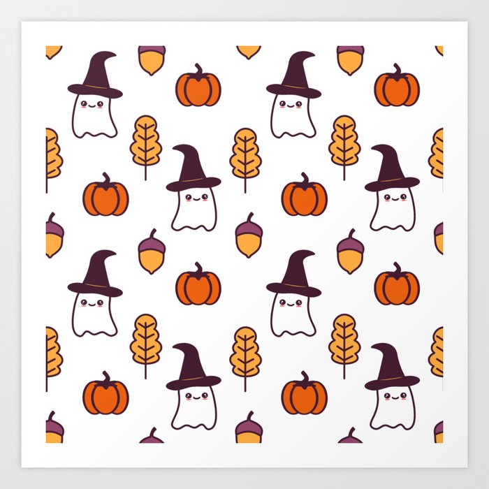 Cute Cartoon Halloween Pattern Background With Ghosts Pumpkins Leaves And Acorns Art Print By Alicevacca Society6