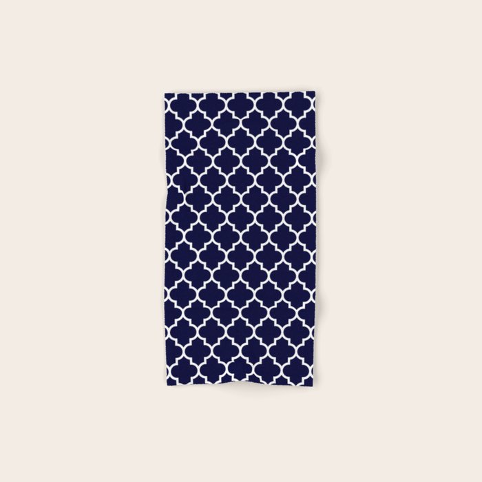 White Moroccan Quatrefoil On Navy Blue Hand Bath Towel By Roneric Society6