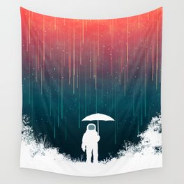 Meteoric rainfall Wandbehang | Fiction, Painting, Sky, Outdoor, Space, Surreal, Meteor, Umbrella, Illustration, Alone 