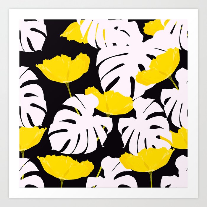 Yellow Flowers White Leaves Black Background #decor #society6 #buyart Art  Print by pivivikstrm | Society6