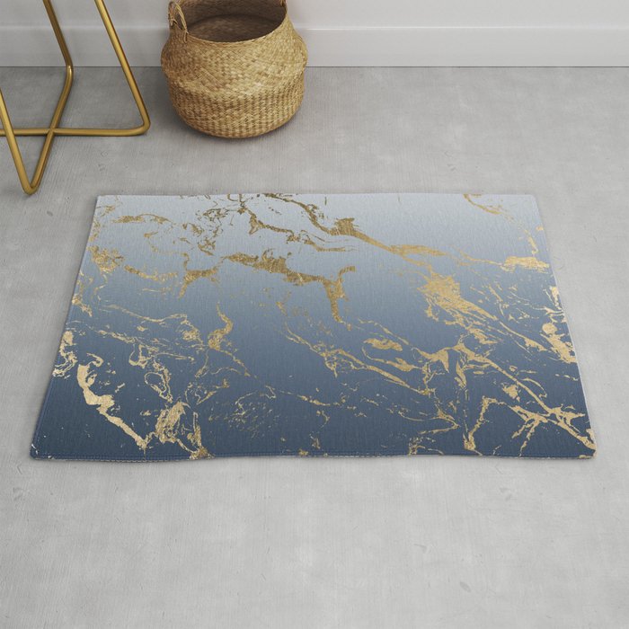 Modern Grey Navy Blue Ombre Gold Marble, Blue Pattern Rug