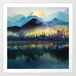 Mountain Lake Under Sunrise Kunstdrucke | Painting, Lake, Wildernes, Art, Watercolor, Pine, Morning, Forest, Sunrise, Curated 