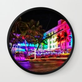 Clevelander Hotel Neon Lights, South Beach Miami Landscape Painting by Jeanpaul Ferro Wall Clock