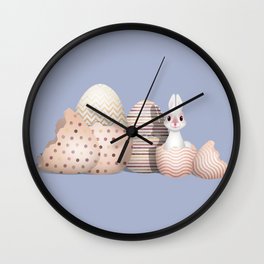 Kawaii Easter - Bunny hatching from Golden Colored Easter Eggs - light blue background Wall Clock