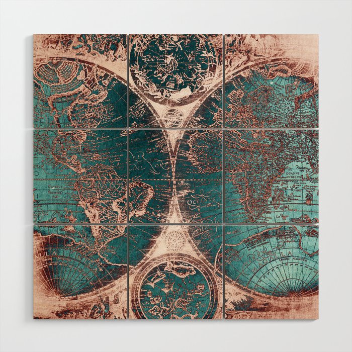 Antique World Map Pink Quartz Teal Blue By Nature Magick Wood Wall Art Society6 - Vintage World Map Wall Decor