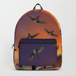 Chimney Swifts at Dusk Backpack | City, Birds, Digital, Sunset, Architecture, Sky, Chimneyswift, Urbanwildlife, Curated, Collage 