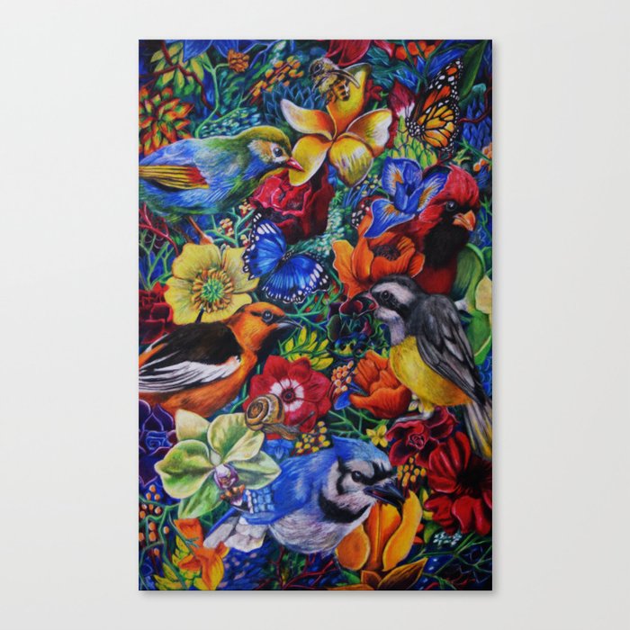 Feathered Foliage Bird Colored Pencil Drawing Canvas Print By Sonjafunnell Society6