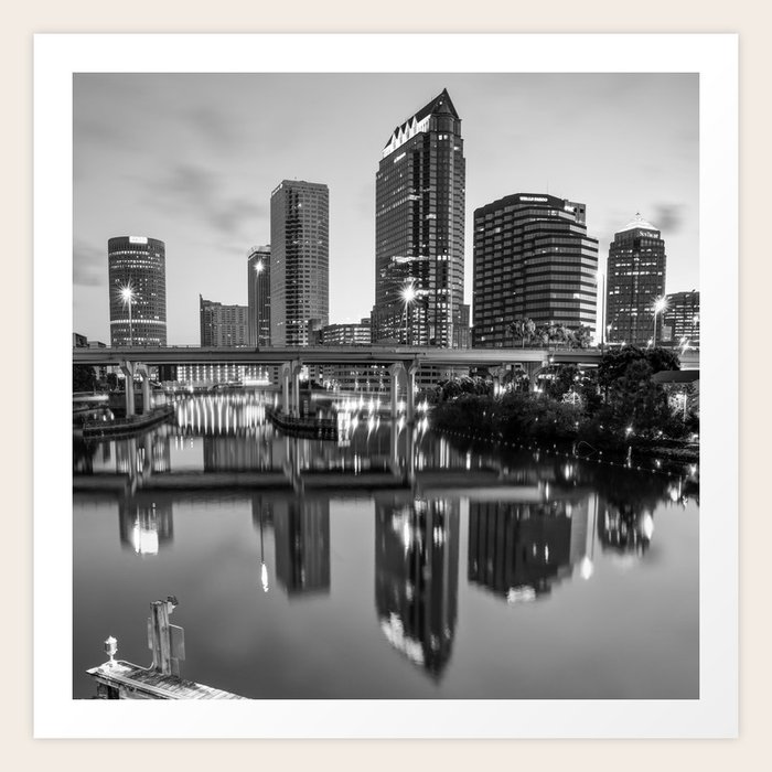 Tampa Skyline At Dawn Over The Riverwalk In Monochrome 1x1 Art