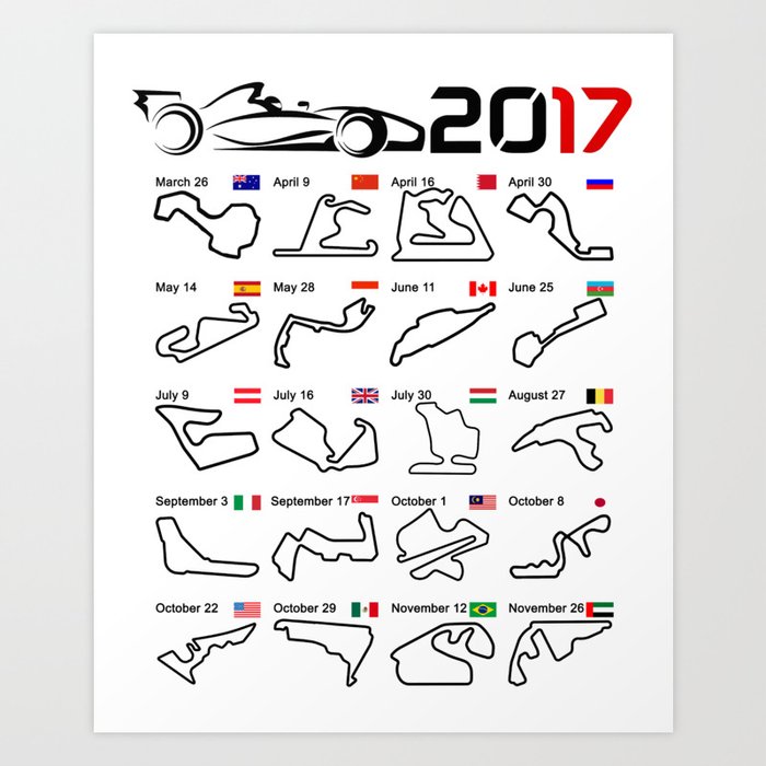Calendar F1 2017 Circuits White Art Print By Ideasfinder Society6