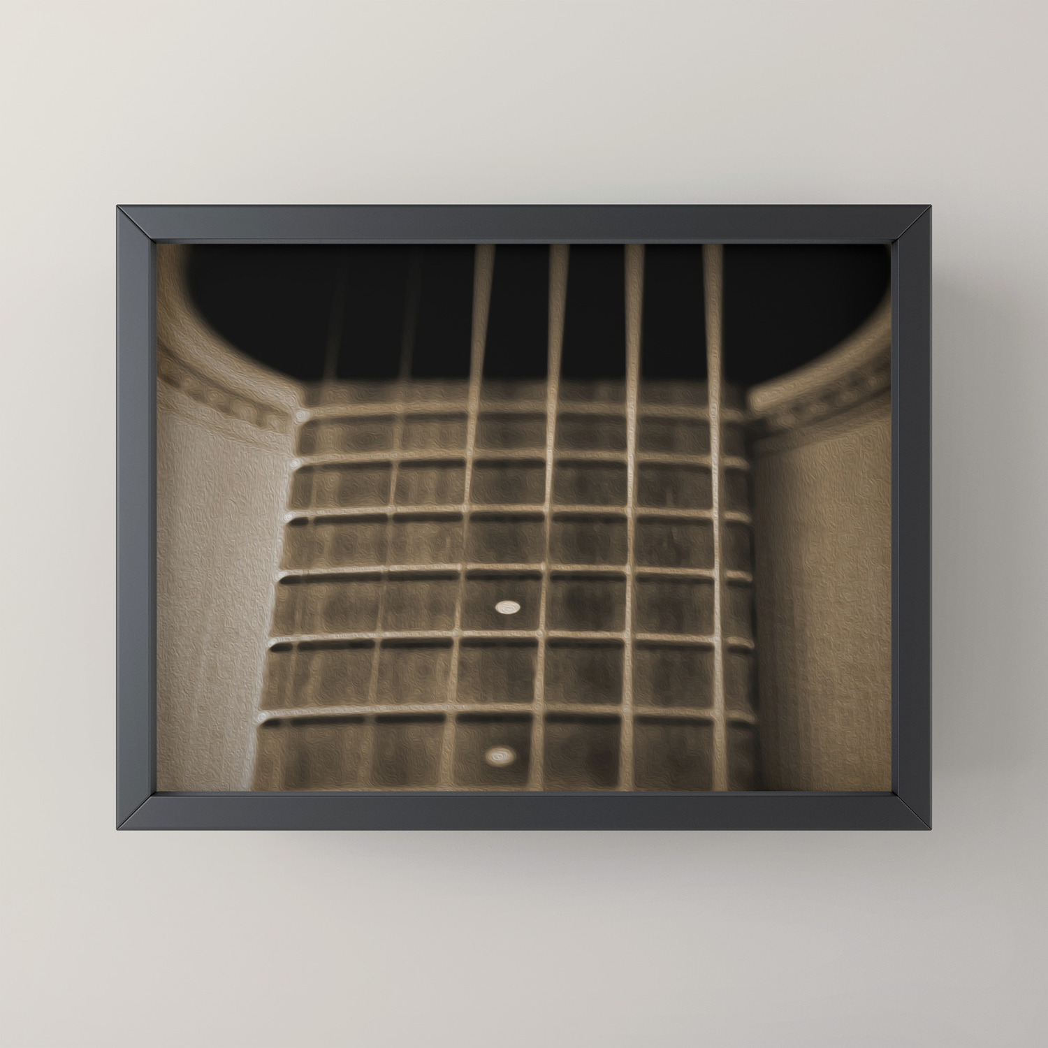 Acoustic Guitar Fretboard Sepia Oil Painting Framed Mini Art