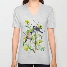 chickadees and Spring Blossom V Neck T Shirt